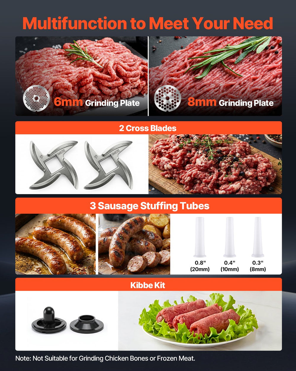 VEVOR meat grinder accessory set: 6mm and 8mm grinding plates, 2 cross blades, 3 sausage stuffing tubes, kibbe kit