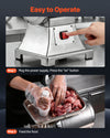 VEVOR meat grinder operation steps (on button and feeding meat)