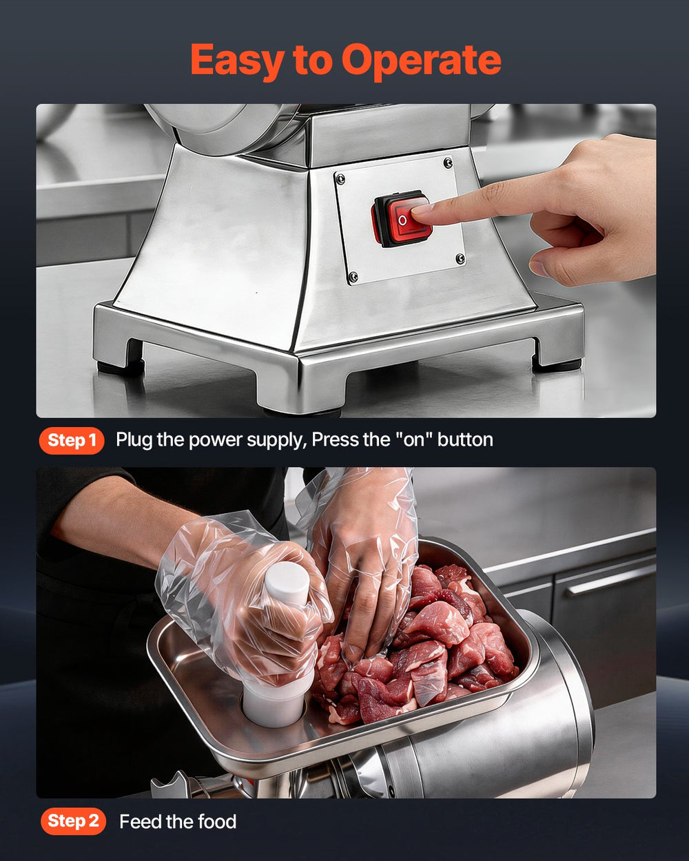 VEVOR meat grinder operation steps (on button and feeding meat)