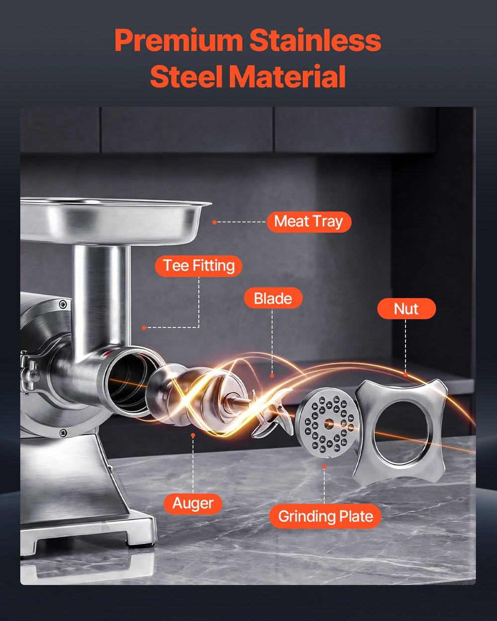 VEVOR meat grinder stainless steel component breakdown (tray, tee fitting, auger, blade, grinding plate, nut)