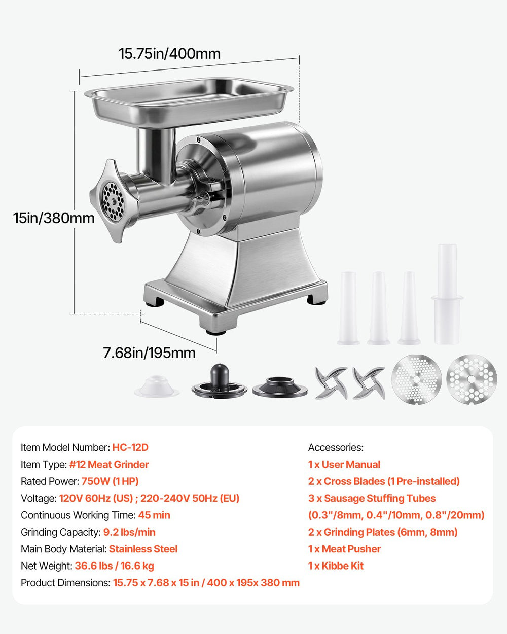 VEVOR HC-12D meat grinder dimensions and specifications overview