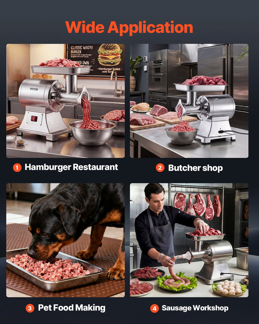 VEVOR meat grinder wide application scenarios (restaurant, butcher shop, pet food, sausage workshop)