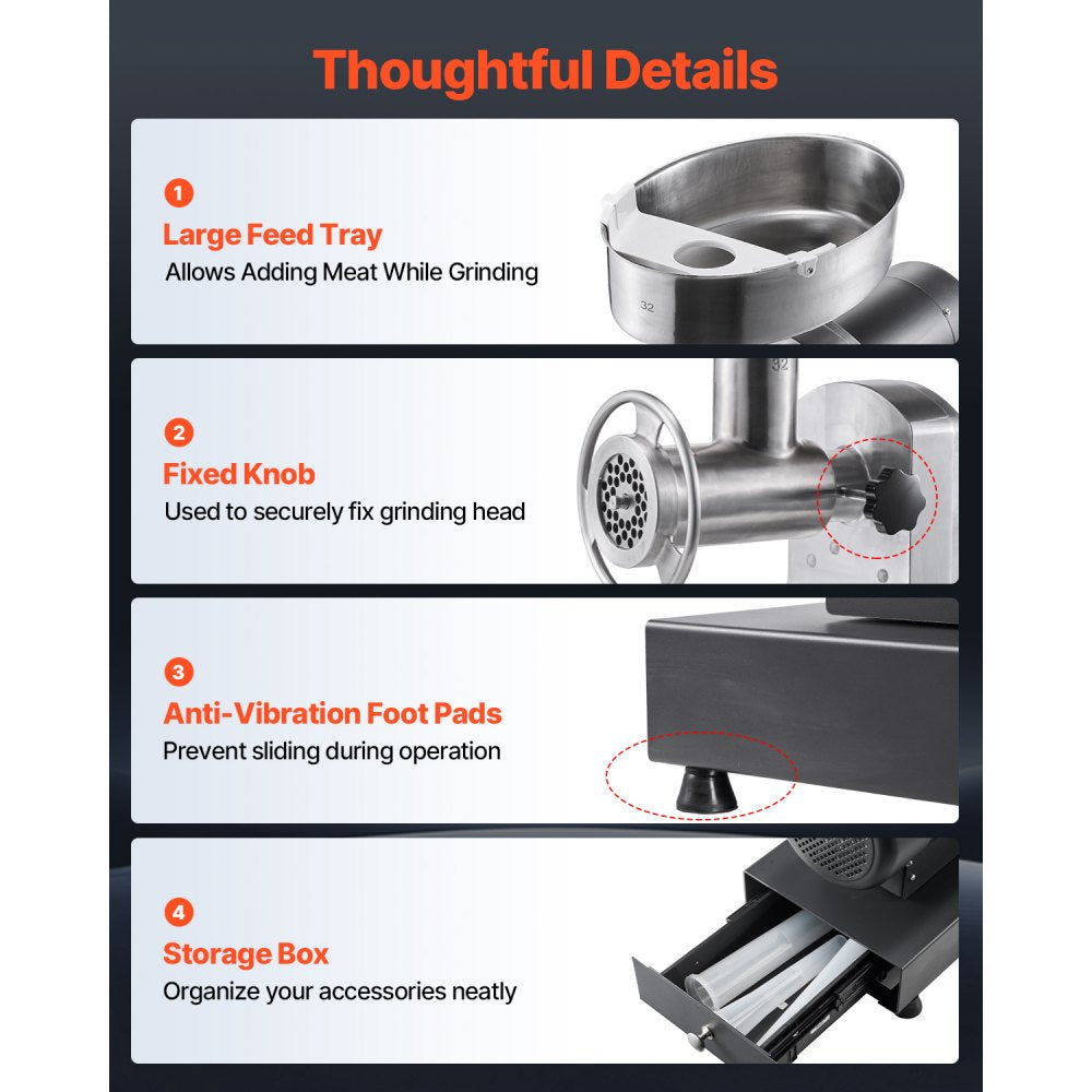 VEVOR Commercial Meat Grinder, 21 Lbs/Min Capacity, #32 Electric Meat Mincer with 3 Plates, 3 Sausage Stuff Tubes, 1100W/1.5HP Stainless Steel Sausage Maker for Home Kitchens & Restaurants, ETL Listed