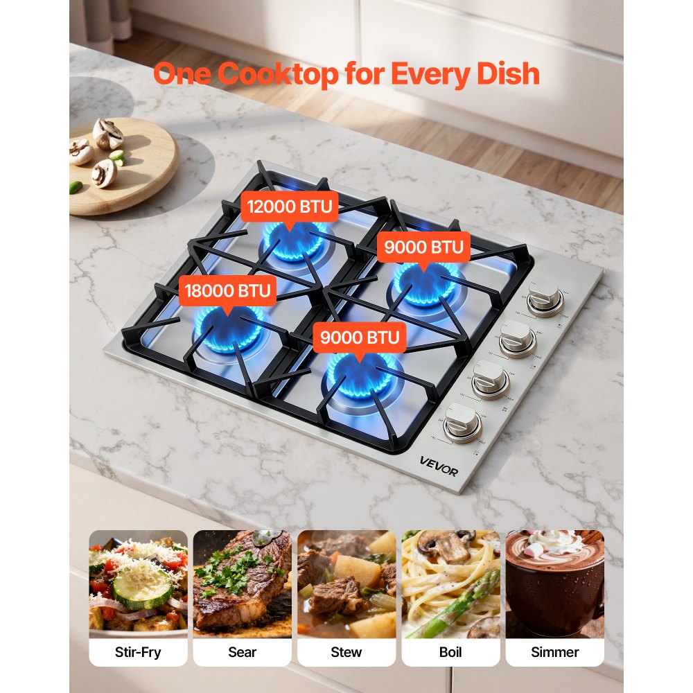 VEVOR Gas Cooktop, 30 inch 4 Burners Gas Stove Top, Max 48000BTU Built-in Stainless Steel Stove Top LPG/NG Convertible Dual Fuel Cooktop Stoves with Sealed Burner for Sear, Stew, Boil, Stir-Fry