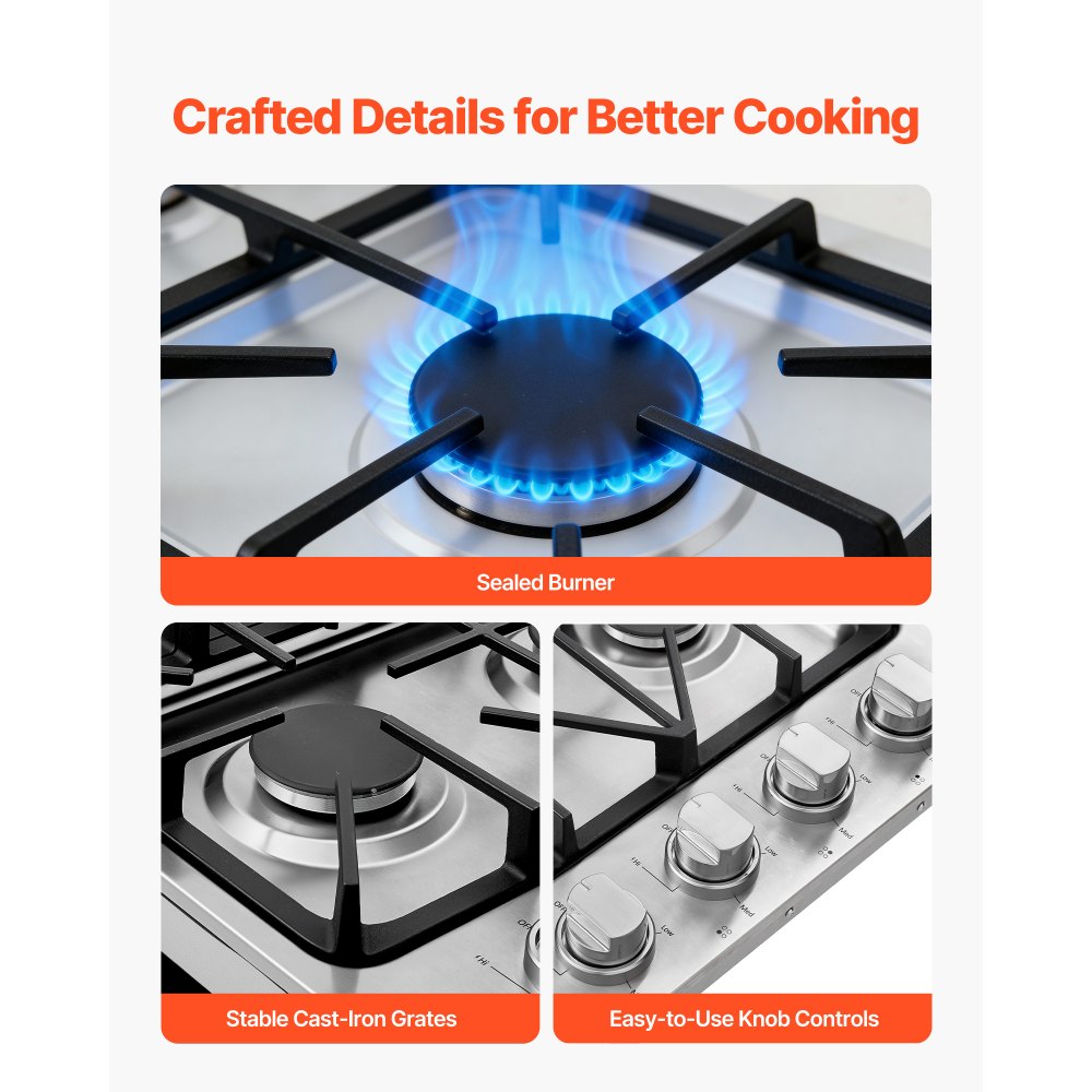VEVOR Gas Cooktop, 30 inch 4 Burners Gas Stove Top, Max 48000BTU Built-in Stainless Steel Stove Top LPG/NG Convertible Dual Fuel Cooktop Stoves with Sealed Burner for Sear, Stew, Boil, Stir-Fry