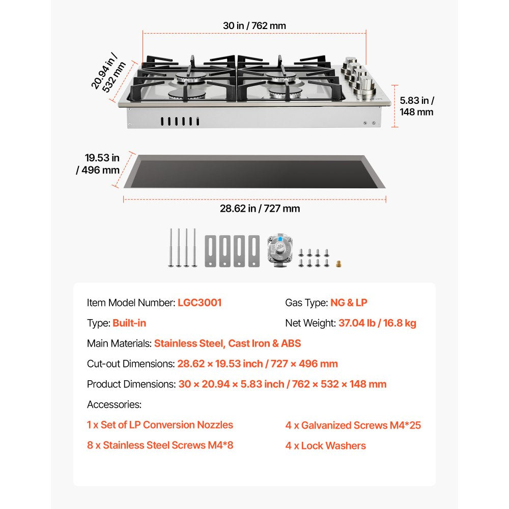 VEVOR Gas Cooktop, 30 inch 4 Burners Gas Stove Top, Max 48000BTU Built-in Stainless Steel Stove Top LPG/NG Convertible Dual Fuel Cooktop Stoves with Sealed Burner for Sear, Stew, Boil, Stir-Fry