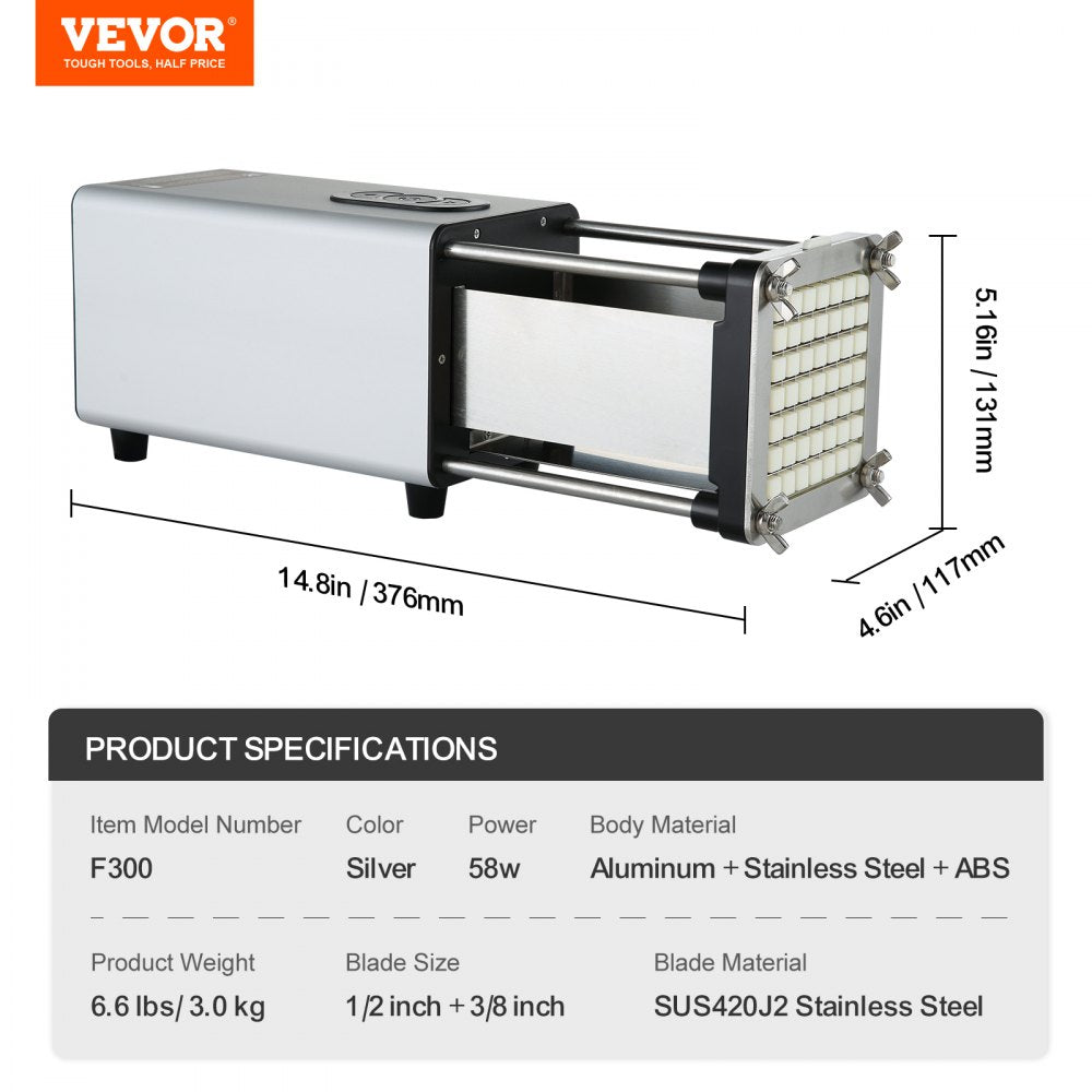 VEVOR Electric French Fry Cutter, Potato Slicer with 1/2-Inch and 3/8-Inch Stainless Steel Blades, Potato Cutter Chopper w/ Anti-slip Feet, Great for Potato, French Fries, Cucumber, Vegetables, Carrot