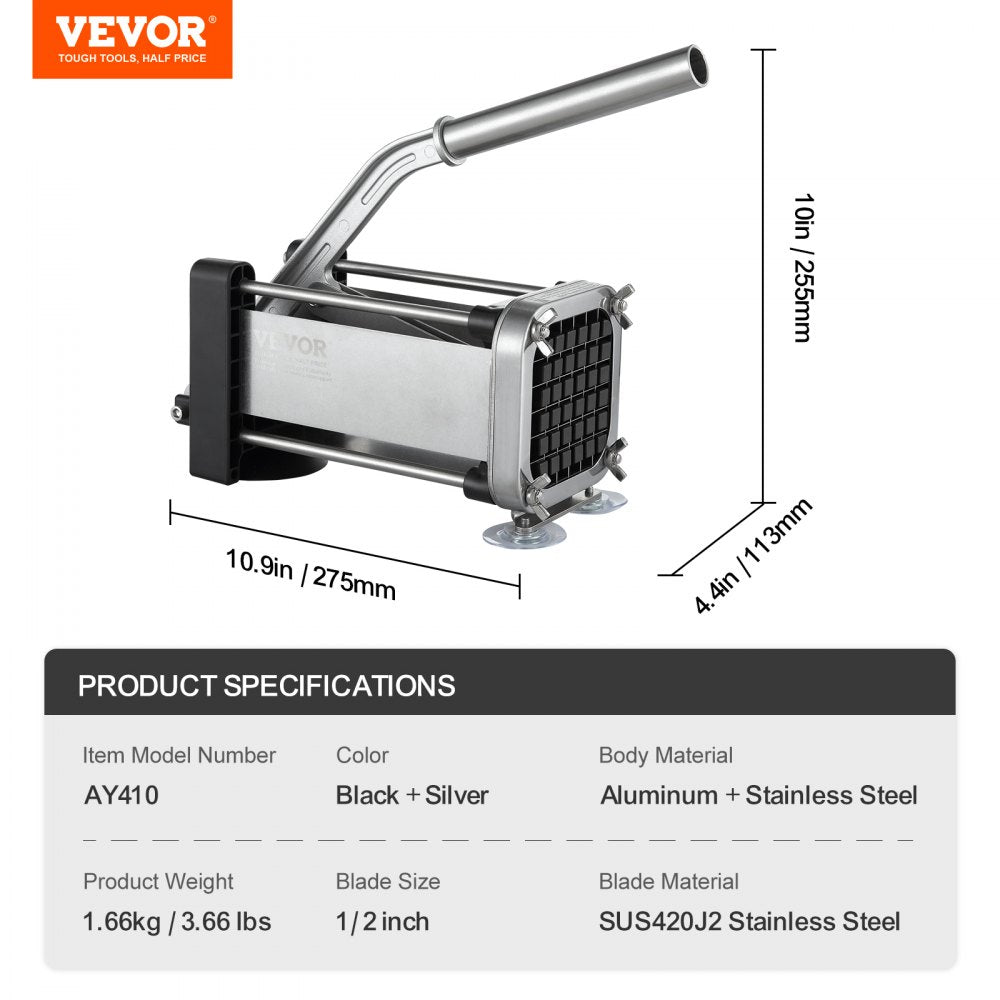 VEVOR French Fry Cutter, Potato Slicer with 1/2-Inch Stainless Steel Blade, Manual Potato Cutter Chopper with Suction Cups, Great for Potato, French Fries, Cucumber, Vegetables, Carrot