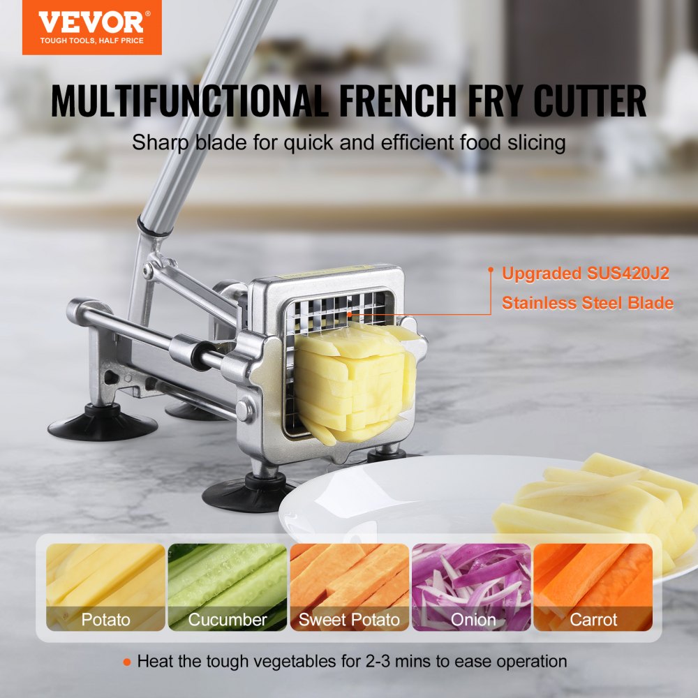 VEVOR French Fry Cutter, Potato Slicer with 1/2" 3/8" 1/4" Stainless Steel Blades, Manual Potato Cutter Chopper with Suction Cups, Great for Potato, French Fries, Cucumber, Vegetables, Carrot