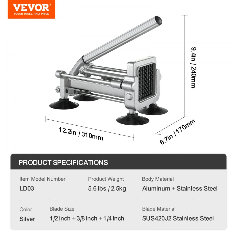 VEVOR French Fry Cutter, Potato Slicer with 1/2" 3/8" 1/4" Stainless Steel Blades, Manual Potato Cutter Chopper with Suction Cups, Great for Potato, French Fries, Cucumber, Vegetables, Carrot