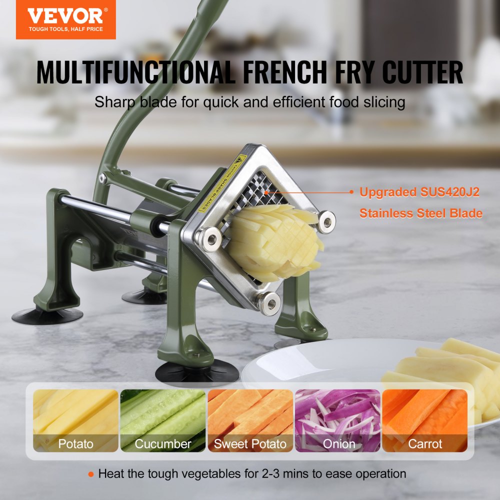 VEVOR French Fry Cutter, Potato Slicer with 1/2" 3/8" 1/4" Stainless Steel Blades, Manual Potato Cutter Chopper with Suction Cups, Great for Potato, French Fries, Cucumber, Vegetables, Carrot