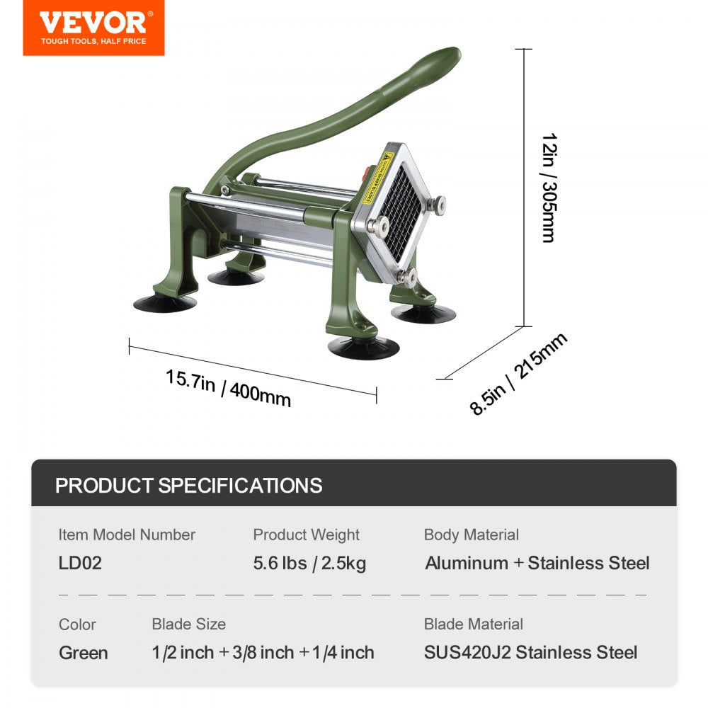VEVOR French Fry Cutter, Potato Slicer with 1/2" 3/8" 1/4" Stainless Steel Blades, Manual Potato Cutter Chopper with Suction Cups, Great for Potato, French Fries, Cucumber, Vegetables, Carrot