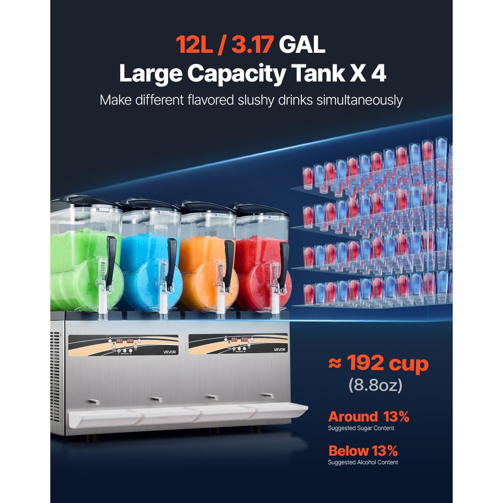 VEVOR Slushie Machine, 12L/3.17Gal x 4 Tank Commercial Slushy Maker, Frozen Drink Maker with Self-Cleaning, Margarita Machine for Restaurants Bars Party for Slushie, Margaritas, Milkshake & More