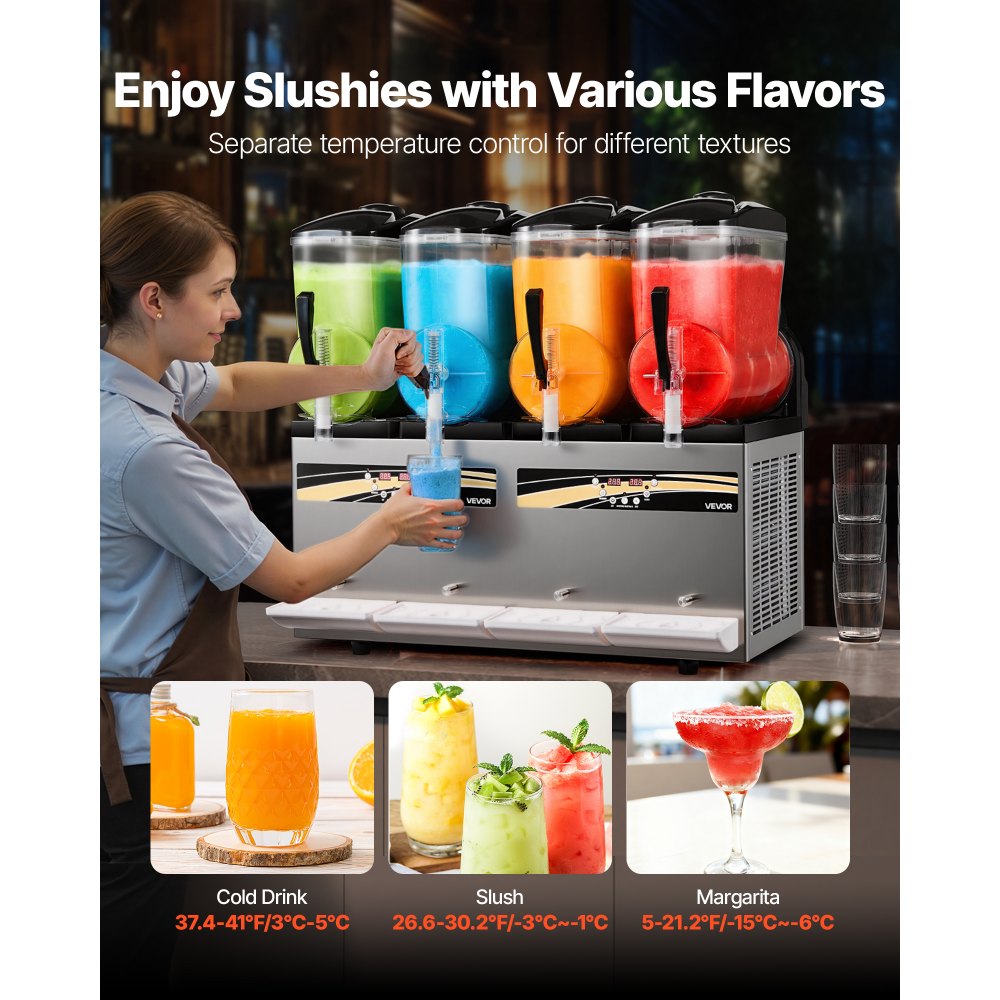 VEVOR Slushie Machine, 12L/3.17Gal x 4 Tank Commercial Slushy Maker, Frozen Drink Maker with Self-Cleaning, Margarita Machine for Restaurants Bars Party for Slushie, Margaritas, Milkshake & More