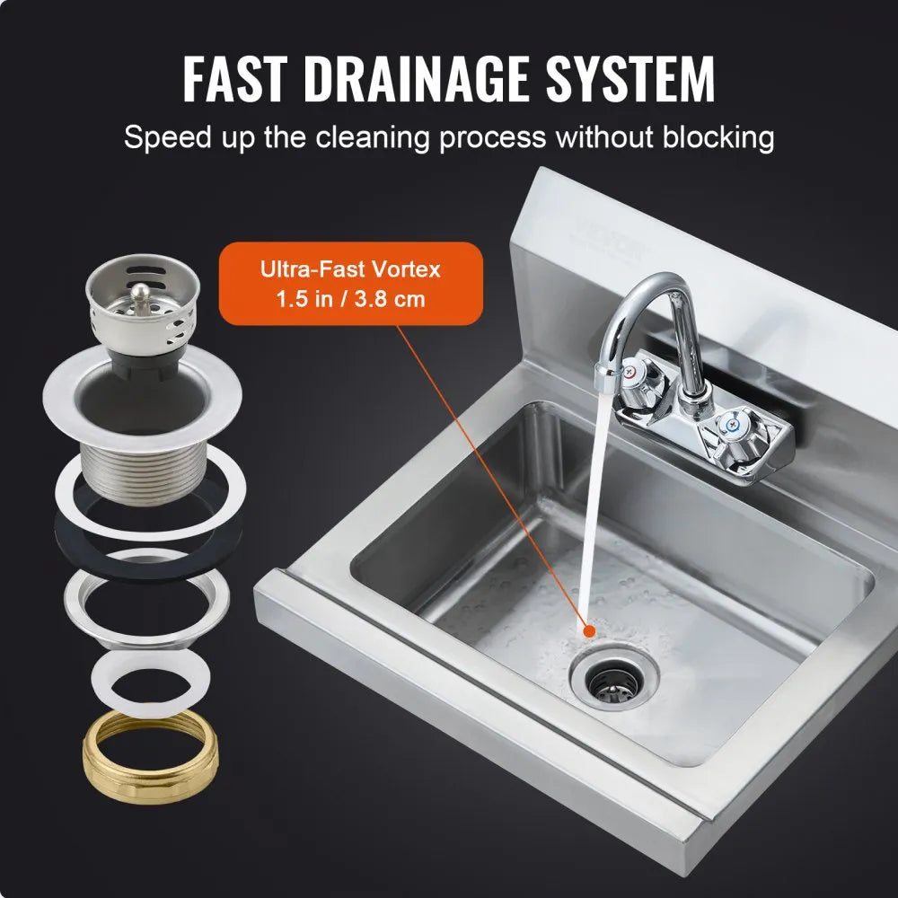 VEVOR Commercial Hand Sink with Faucet, Stainless Steel Sink for Washing, Small Hand Washing Sink, Wall Mount Hand Basin, Utility Sink for Restaurant, Kitchen, Bar, Garage and Home, 17 x 12.8 inch