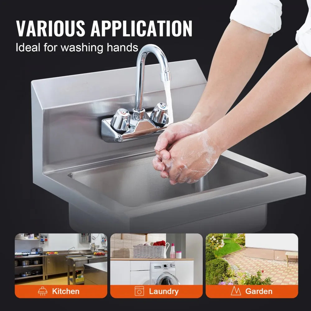 VEVOR Commercial Hand Sink with Faucet, Stainless Steel Sink for Washing, Small Hand Washing Sink, Wall Mount Hand Basin, Utility Sink for Restaurant, Kitchen, Bar, Garage and Home, 17 x 12.8 inch