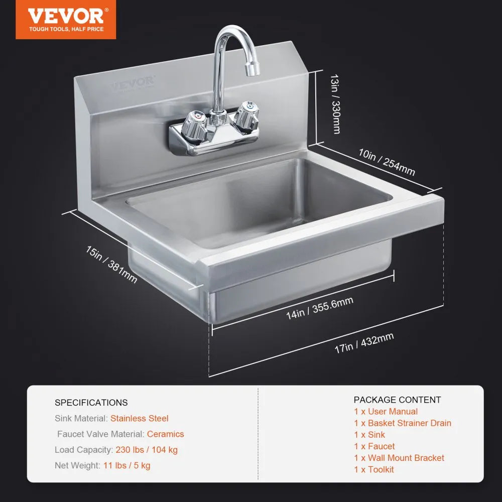 VEVOR Commercial Hand Sink with Faucet, Stainless Steel Sink for Washing, Small Hand Washing Sink, Wall Mount Hand Basin, Utility Sink for Restaurant, Kitchen, Bar, Garage and Home, 17 x 12.8 inch