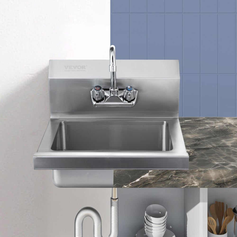 VEVOR Commercial Hand Sink with Faucet, Stainless Steel Sink for Washing, Small Hand Washing Sink, Wall Mount Hand Basin, Utility Sink for Restaurant, Kitchen, Bar, Garage and Home, 17 x 12.8 inch