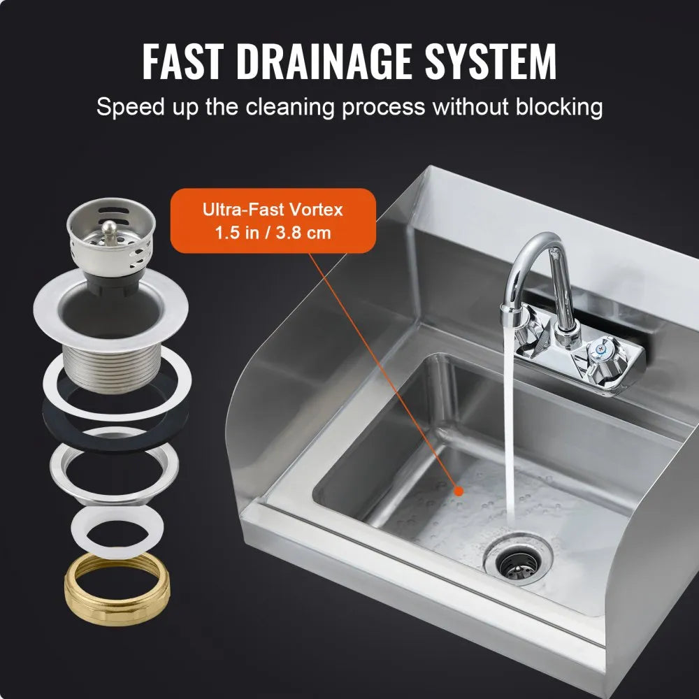 VEVOR Commercial Hand Sink with Faucet and Side Splash, Stainless Steel Sink for Washing, Small Hand Washing Sink, Wall Mount Hand Basin for Restaurant, Kitchen, Bar, Garage and Home, 17x12.8 inch