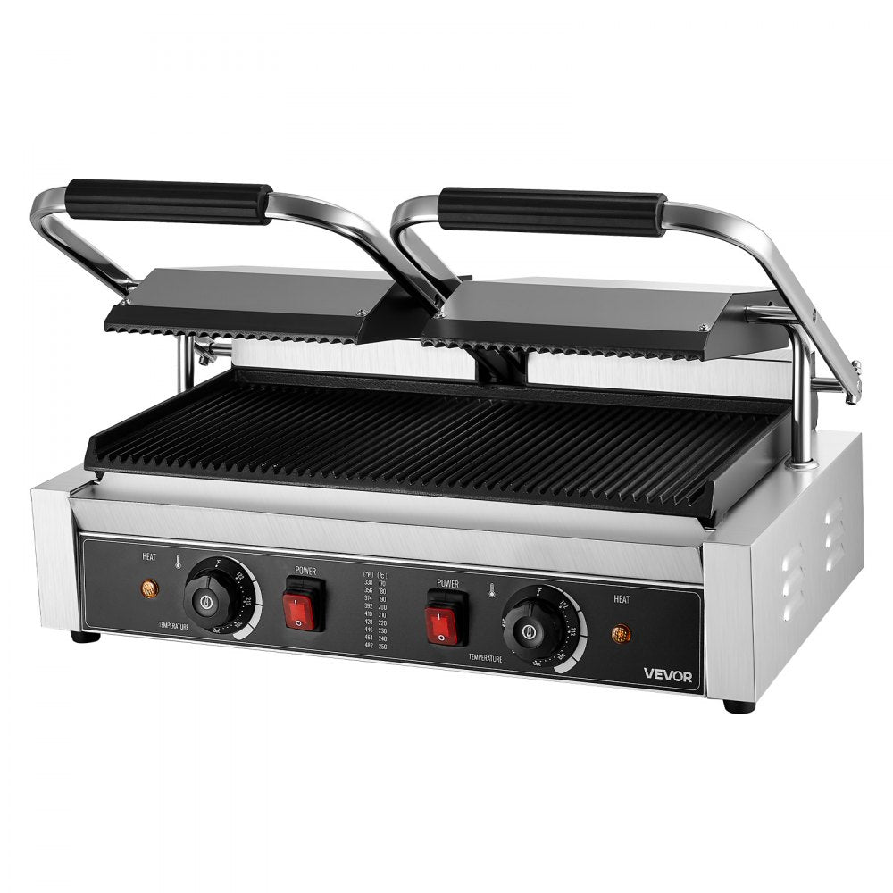 VEVOR Commercial Panini Grill, 3600W Electric Sandwich Panini Maker, Stainless Steel Double Sandwichs Press with Handle and Temp Control, 19x9 in Full Grooved Enamel Plate, for Hamburger Steak Bacon