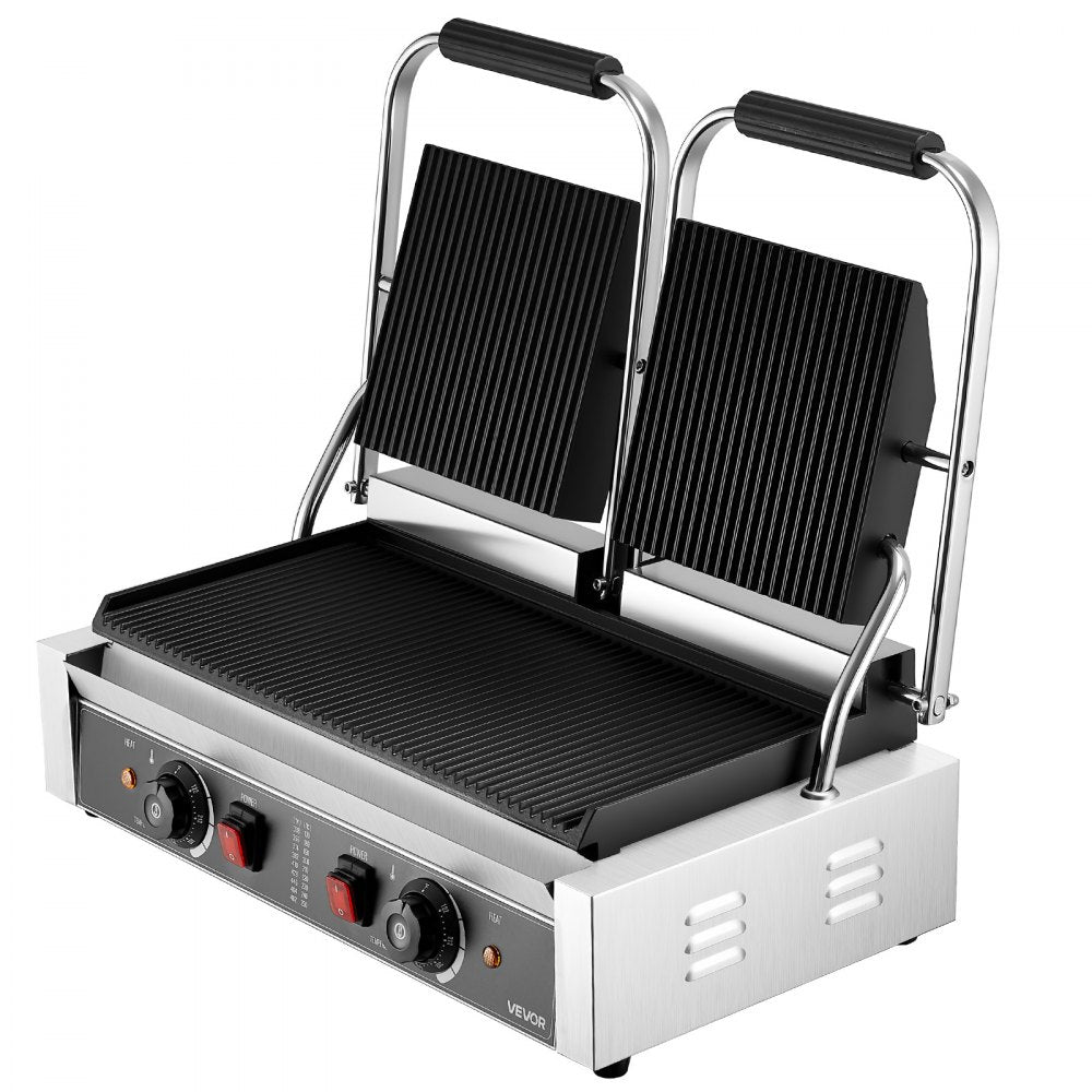 VEVOR Commercial Panini Grill, 3600W Electric Sandwich Panini Maker, Stainless Steel Double Sandwichs Press with Handle and Temp Control, 19x9 in Full Grooved Enamel Plate, for Hamburger Steak Bacon