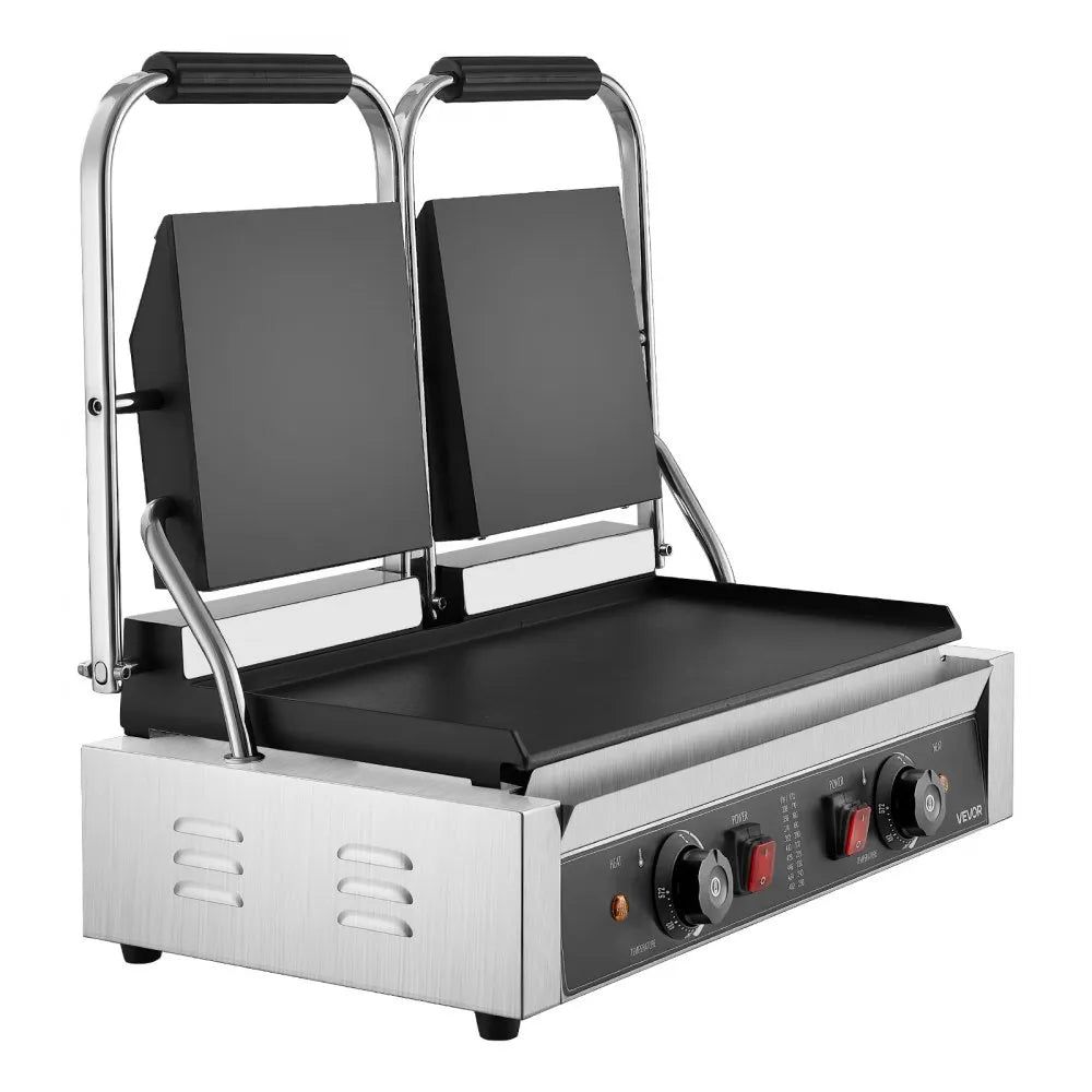 VEVOR Commercial Panini Grill, 3600W Electric Sandwich Panini Maker, Stainless Steel Double Sandwichs Press with Handle and Temp Control, 19x9 in Full Flat Enamel Plate, for Hamburger Steak Bacon
