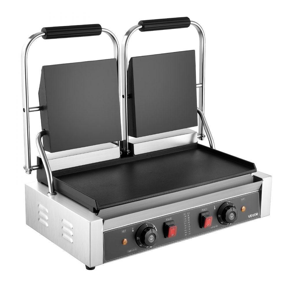 VEVOR Commercial Panini Grill, 3600W Electric Sandwich Panini Maker, Stainless Steel Double Sandwichs Press with Handle and Temp Control, 19x9 in Full Flat Enamel Plate, for Hamburger Steak Bacon