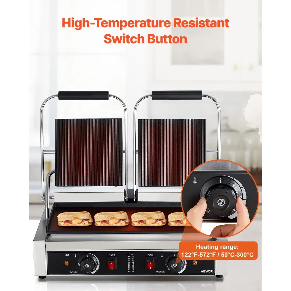 VEVOR Commercial Panini Grill, 3600W Electric Sandwich Panini Maker, Stainless Steel Double Sandwichs Press Grill with Handle and Temp Control, 19x9 in Flat Enamel Plate for Hamburger Steak Bacon