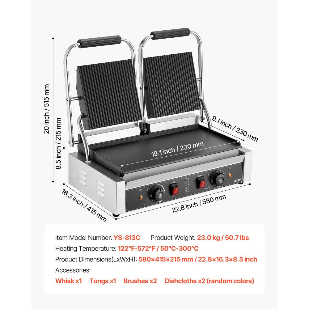 VEVOR Commercial Panini Grill, 3600W Electric Sandwich Panini Maker, Stainless Steel Double Sandwichs Press Grill with Handle and Temp Control, 19x9 in Flat Enamel Plate for Hamburger Steak Bacon