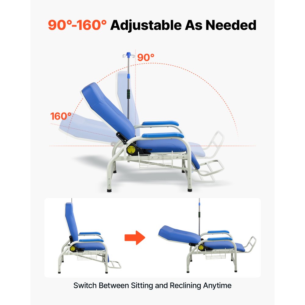 VEVOR Infusion Chair with IV Pole 90°-160° Reclining Phlebotomy Chair, 400LBS Capacity Medical Infusion Recliner with Soft Padded Seat, Footrest & Storage Basket for Blood Draw, IV Transfusion