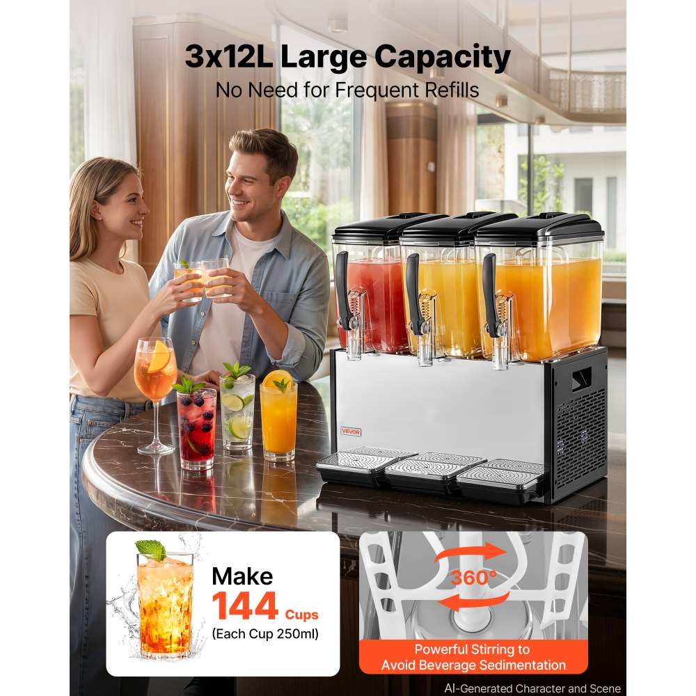 VEVOR Commercial Beverage Dispenser 3 Tanks 12 L / 12.7 QT Per Tank, Stainless Steel Juice Dispenser, Ice Tea Drink Machine with 45℉ to 54℉ Cooling Temperature, for Cold Drink Restaurant Bar Party