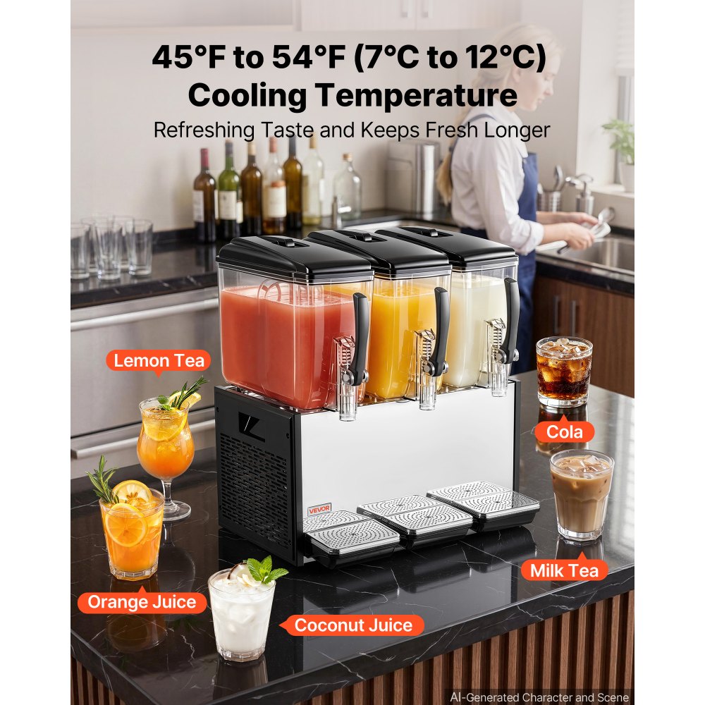 VEVOR Commercial Beverage Dispenser 3 Tanks 12 L / 12.7 QT Per Tank, Stainless Steel Juice Dispenser, Ice Tea Drink Machine with 45℉ to 54℉ Cooling Temperature, for Cold Drink Restaurant Bar Party