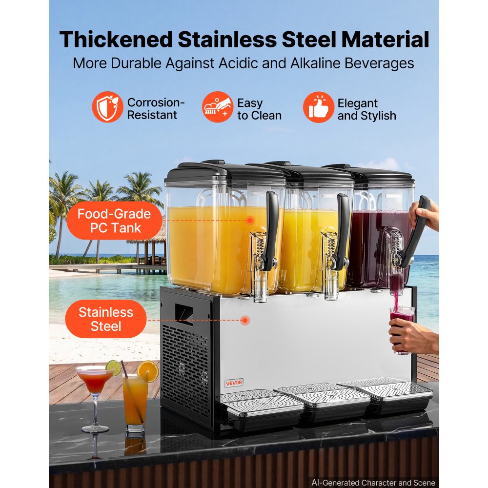 VEVOR Commercial Beverage Dispenser 3 Tanks 12 L / 12.7 QT Per Tank, Stainless Steel Juice Dispenser, Ice Tea Drink Machine with 45℉ to 54℉ Cooling Temperature, for Cold Drink Restaurant Bar Party