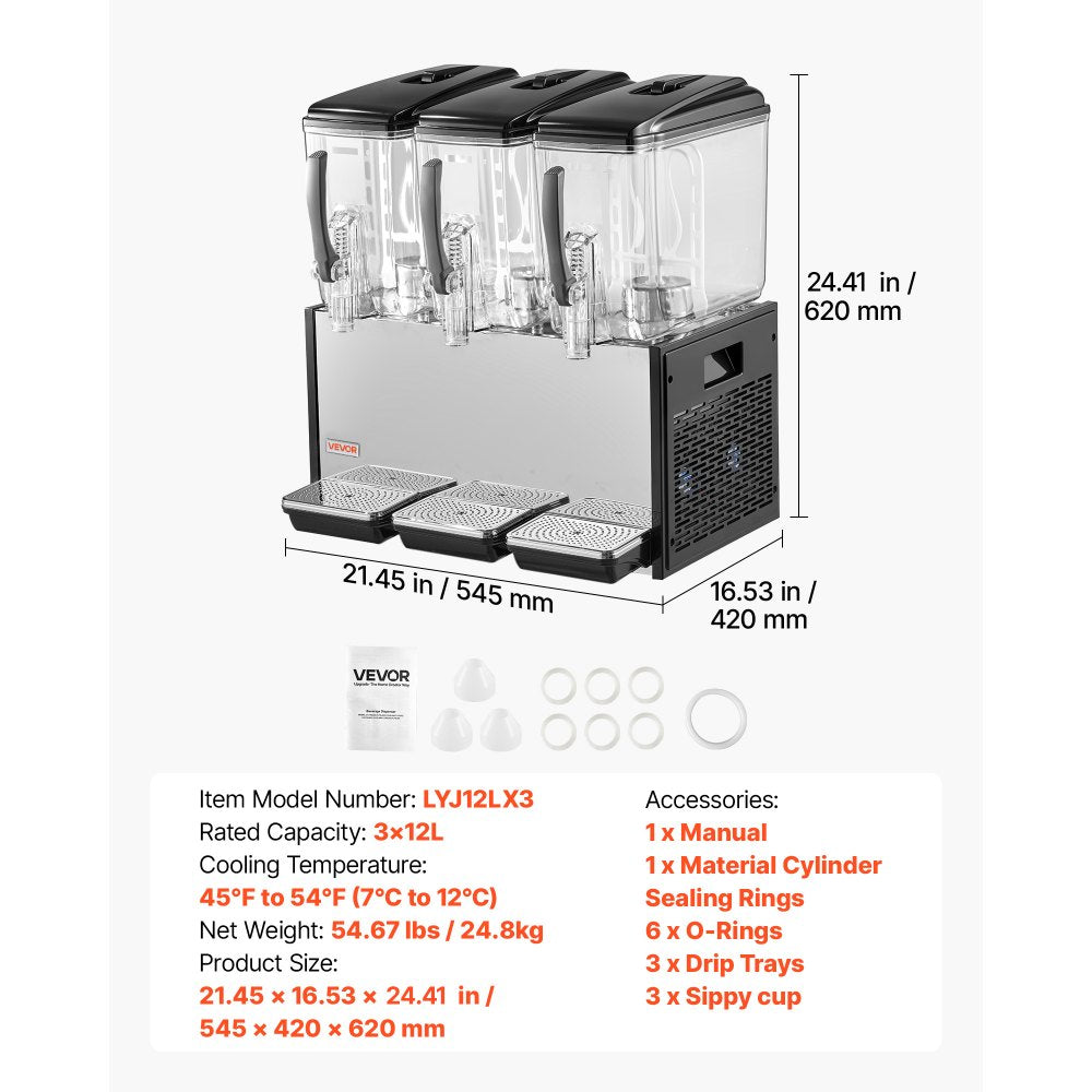 VEVOR Commercial Beverage Dispenser 3 Tanks 12 L / 12.7 QT Per Tank, Stainless Steel Juice Dispenser, Ice Tea Drink Machine with 45℉ to 54℉ Cooling Temperature, for Cold Drink Restaurant Bar Party