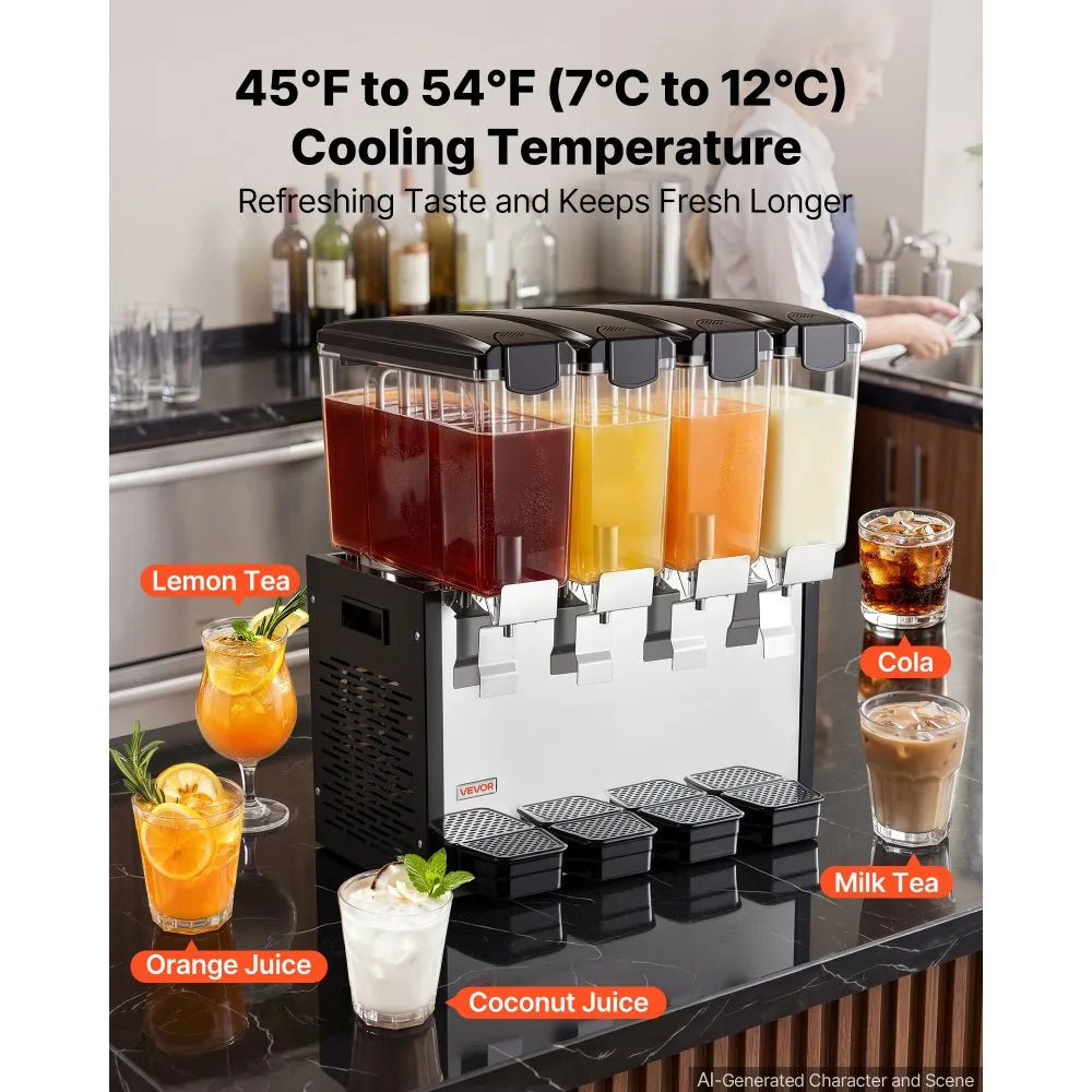 VEVOR Commercial Beverage Dispenser 4 Tanks 10 L / 10.6 QT Per Tank, Stainless Steel Juice Dispenser, Ice Tea Drink Machine with 45℉ to 54℉ Cooling Temperature, for Cold Drink Restaurant Bar Party