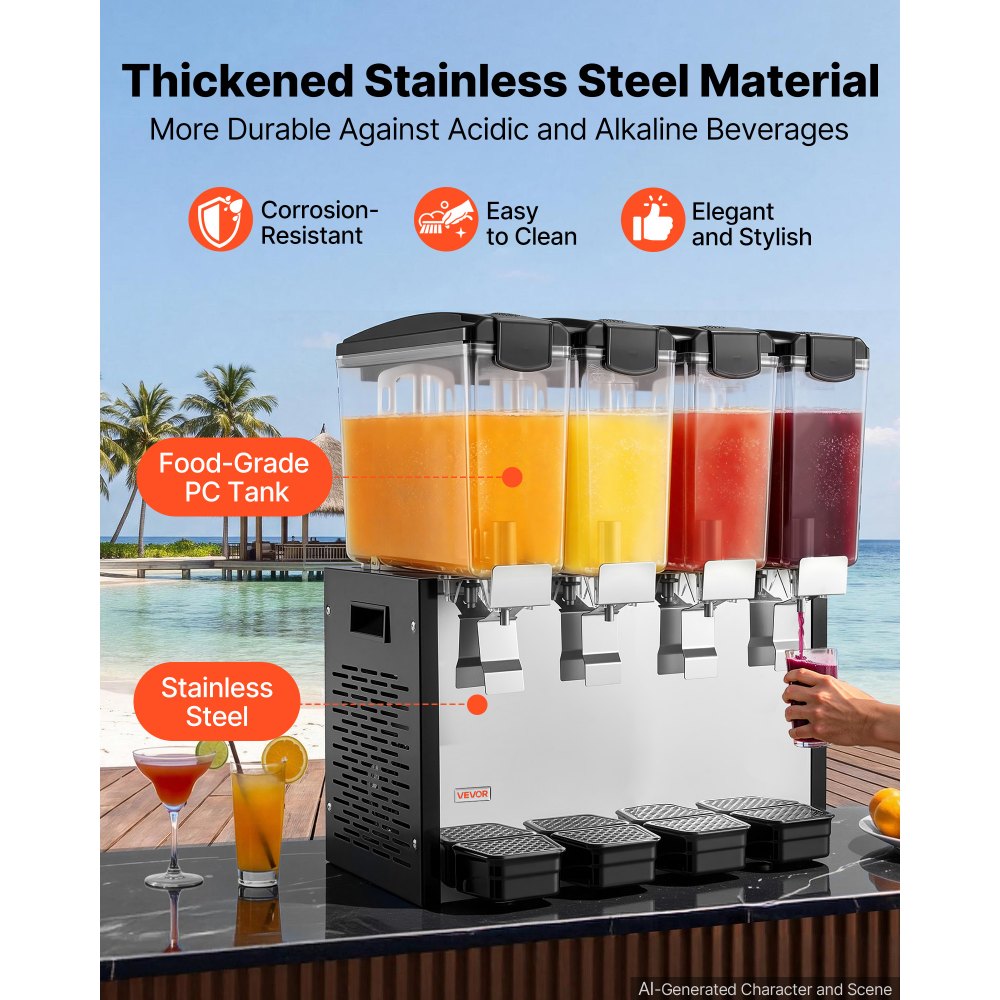 VEVOR Commercial Beverage Dispenser 4 Tanks 10 L / 10.6 QT Per Tank, Stainless Steel Juice Dispenser, Ice Tea Drink Machine with 45℉ to 54℉ Cooling Temperature, for Cold Drink Restaurant Bar Party