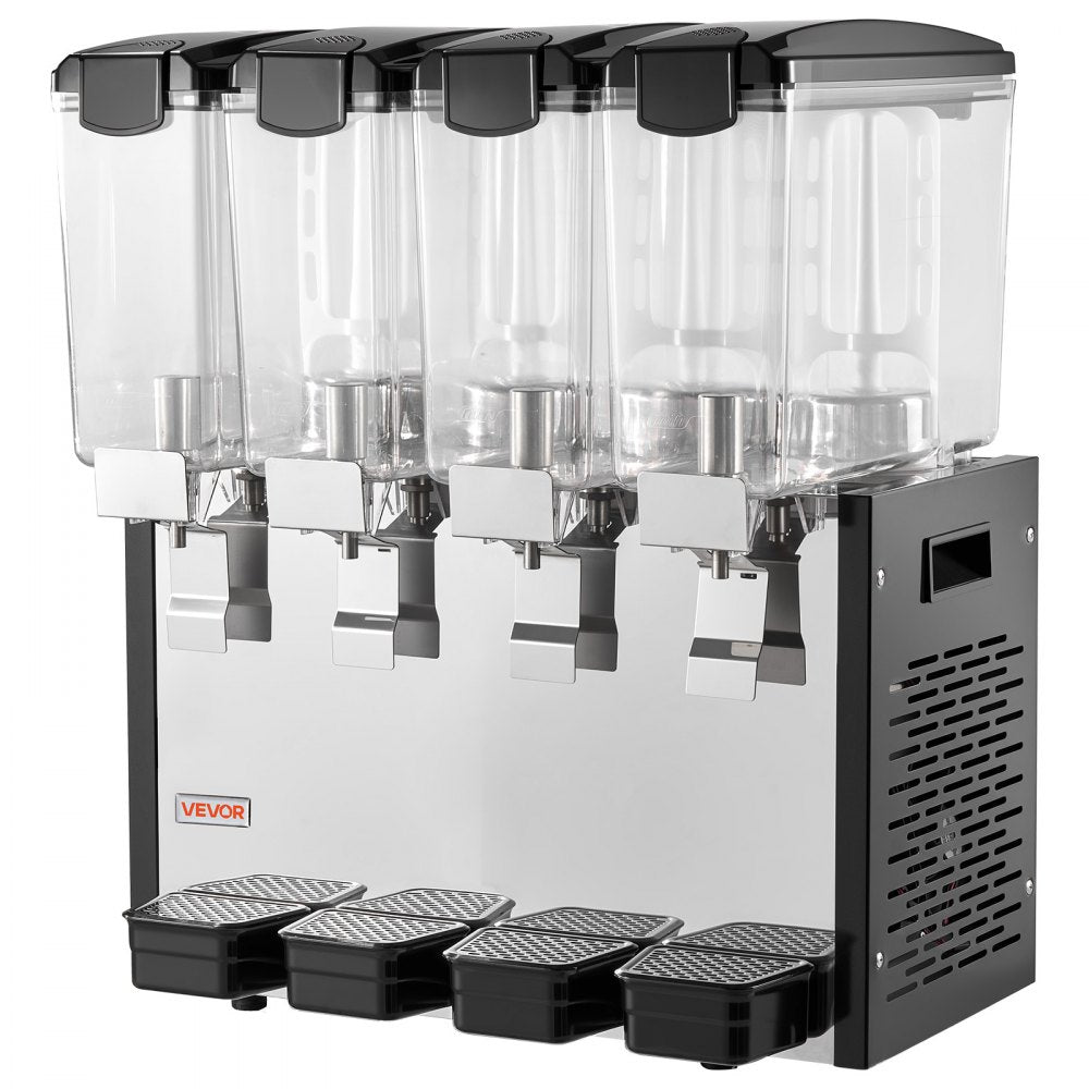 VEVOR Commercial Beverage Dispenser 4 Tanks 10 L / 10.6 QT Per Tank, Stainless Steel Juice Dispenser, Ice Tea Drink Machine with 45℉ to 54℉ Cooling Temperature, for Cold Drink Restaurant Bar Party