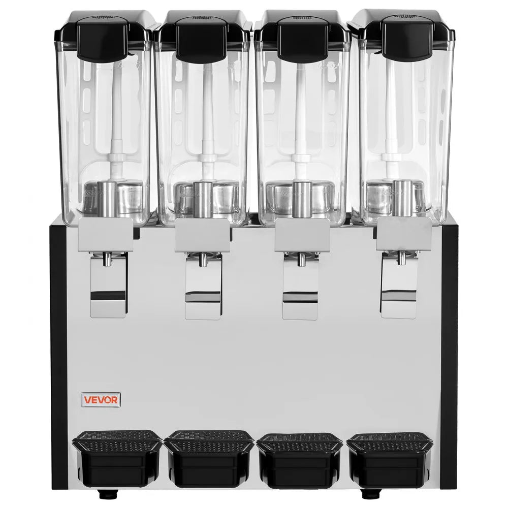 VEVOR Commercial Beverage Dispenser 4 Tanks 10 L / 10.6 QT Per Tank, Stainless Steel Juice Dispenser, Ice Tea Drink Machine with 45℉ to 54℉ Cooling Temperature, for Cold Drink Restaurant Bar Party