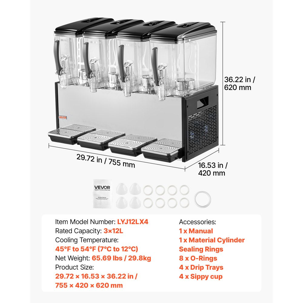VEVOR Commercial Beverage Dispenser 4 Tanks 12 L / 12.7 QT Per Tank, Stainless Steel Juice Dispenser, Ice Tea Drink Machine with 45℉ to 54℉ Cooling Temperature, for Cold Drink Restaurant Bar Party