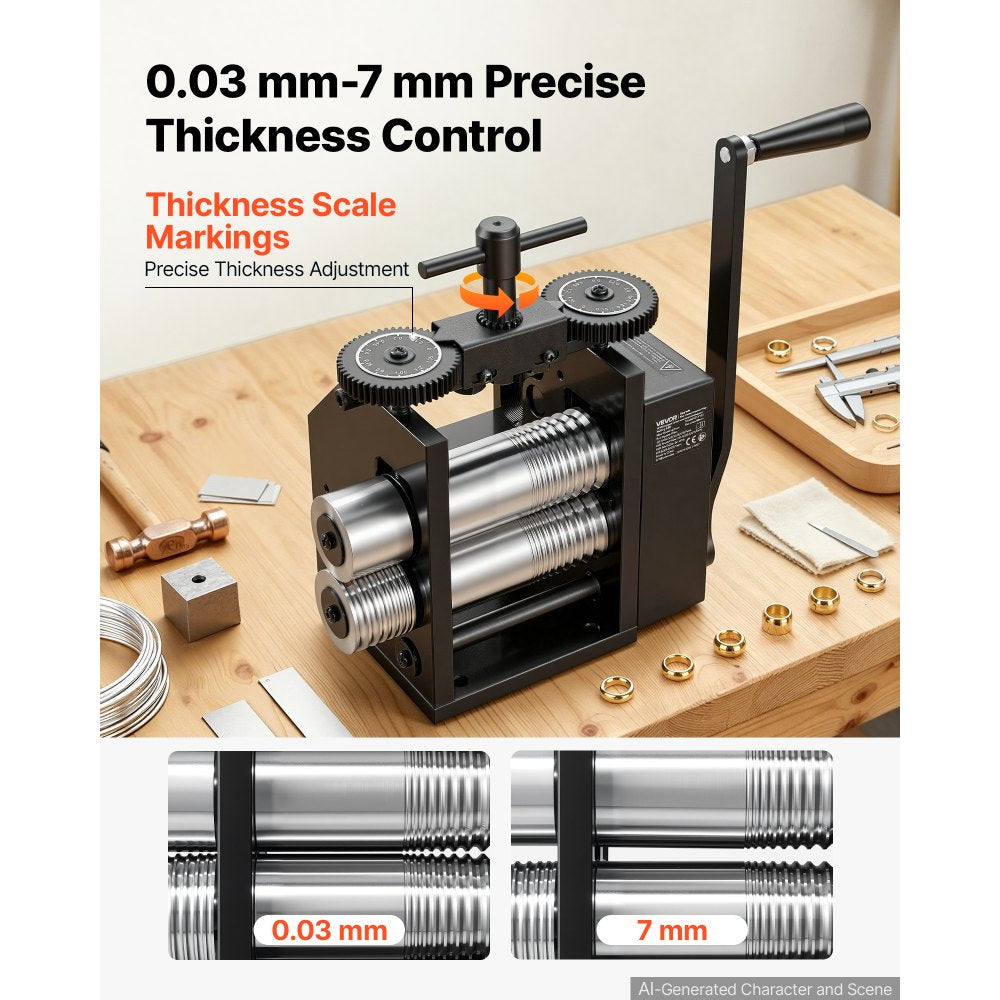 VEVOR Rolling Mill 4-in-1 Round Flat Square Half-Round Pressing Roller Mill, Manual Jewelry DIY Tool, 0.03-7 mm Adjustable Thickness, Stable & Even Rolling, for Ductile Metals, Gold, Silver, Copper