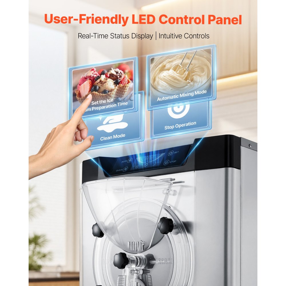 VEVOR Commercial Hard Ice Cream Machine, 2000W 3.17-5.28 Gal/Hour, Countertop Gelato Hard Serve Ice Cream Maker with 6L 304 Stainless Steel Cylinder, Auto Clean LED Panel for Snack Bar Restaurants