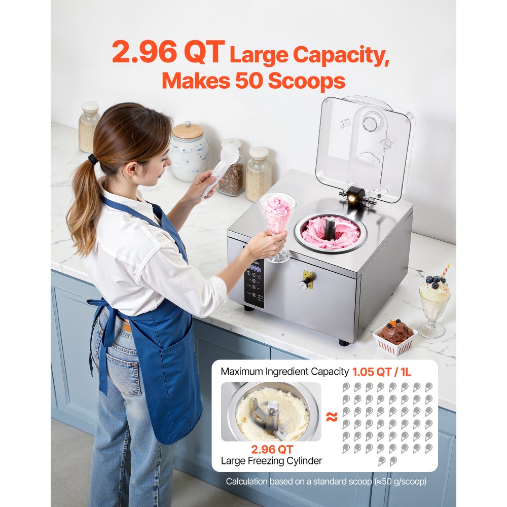 VEVOR Commercial Hard Ice Cream Machine, 500W 1.32 Gal/Hour, Gelato Hard Serve Ice Cream Maker with 2.8L 304 Stainless Steel Cylinder, Auto Clean LED Panel High Productivity for Snack Bar Restaurants