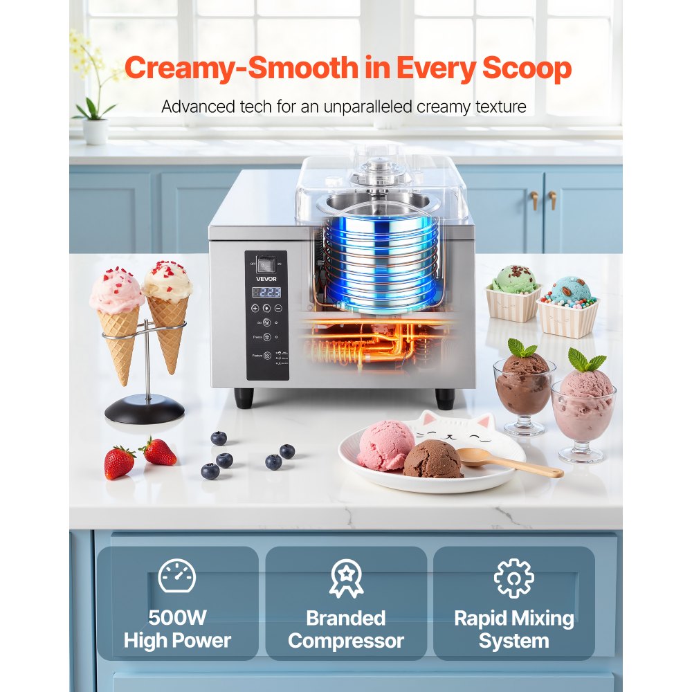VEVOR Commercial Hard Ice Cream Machine, 500W 1.32 Gal/Hour, Gelato Hard Serve Ice Cream Maker with 2.8L 304 Stainless Steel Cylinder, Auto Clean LED Panel High Productivity for Snack Bar Restaurants