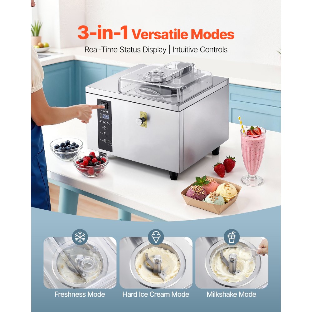 VEVOR Commercial Hard Ice Cream Machine, 500W 1.32 Gal/Hour, Gelato Hard Serve Ice Cream Maker with 2.8L 304 Stainless Steel Cylinder, Auto Clean LED Panel High Productivity for Snack Bar Restaurants