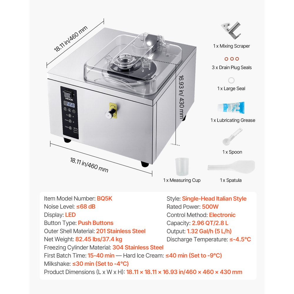 VEVOR Commercial Hard Ice Cream Machine, 500W 1.32 Gal/Hour, Gelato Hard Serve Ice Cream Maker with 2.8L 304 Stainless Steel Cylinder, Auto Clean LED Panel High Productivity for Snack Bar Restaurants
