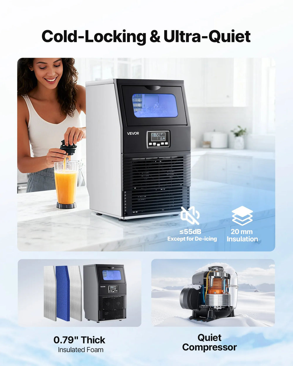 VEVOR Commercial Ice Maker Machine, 90 lbs/24h with 12Lbs Storage, 32 Cubes per Cycle, Stainless Steel Freestanding & Countertop Ice Maker with LED Display & Self-Cleaning, for Home Bar Restaurant