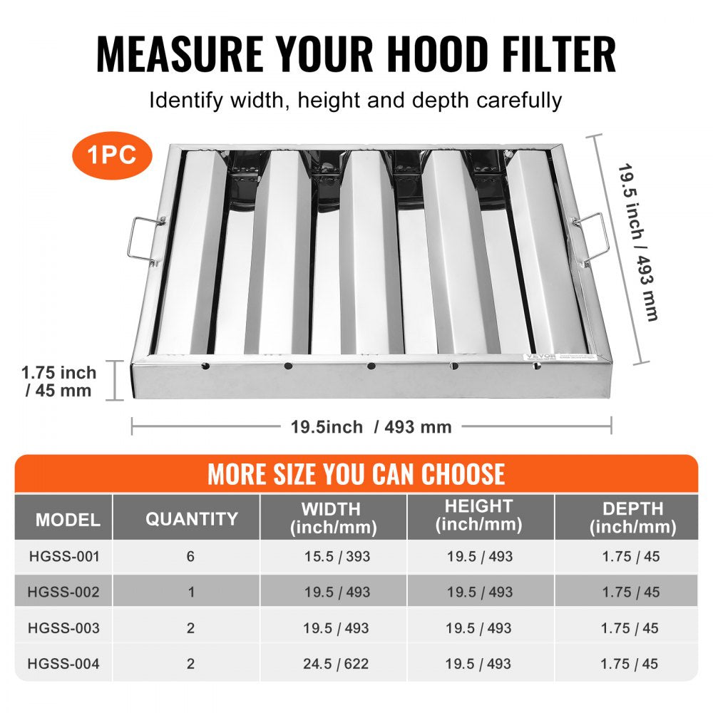 VEVOR Commercial Hood Filter, 19.5W x 19.5H Inch Range Hood Filters, Stainless Steel Restaurant Range Hood Baffle Filter for Grease Rated Commercial Kitchen Exhaust Hoods, 4 Grooves, 1 Piece