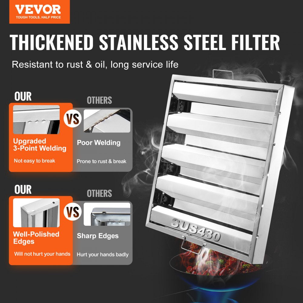 VEVOR Commercial Hood Filter, 19.5W x 19.5H Inch Range Hood Filters, Stainless Steel Restaurant Range Hood Baffle Filter for Grease Rated Commercial Kitchen Exhaust Hoods, 4 Grooves, Pack of 2