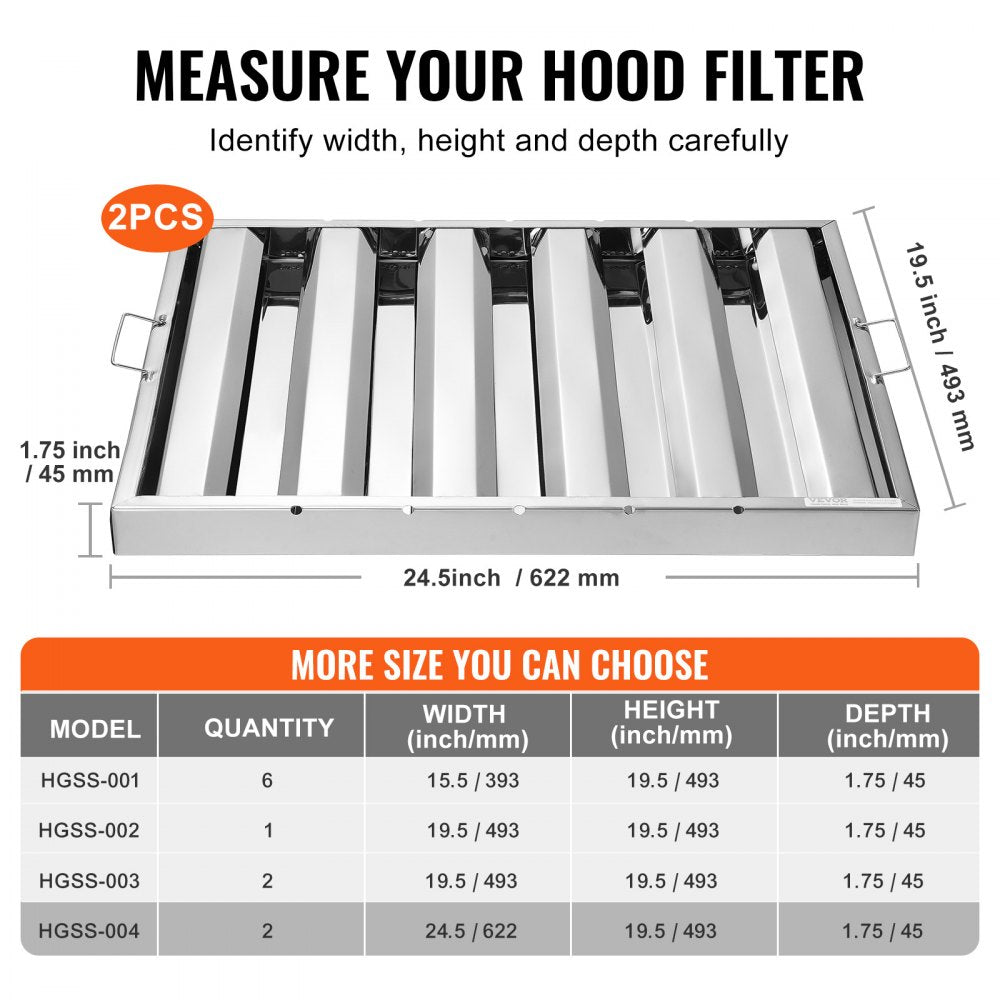 VEVOR Commercial Hood Filter, 24.5W x 19.5H Inch Range Hood Filters, Stainless Steel Restaurant Range Hood Baffle Filter for Grease Rated Commercial Kitchen Exhaust Hoods, 5 Grooves, Pack of 2