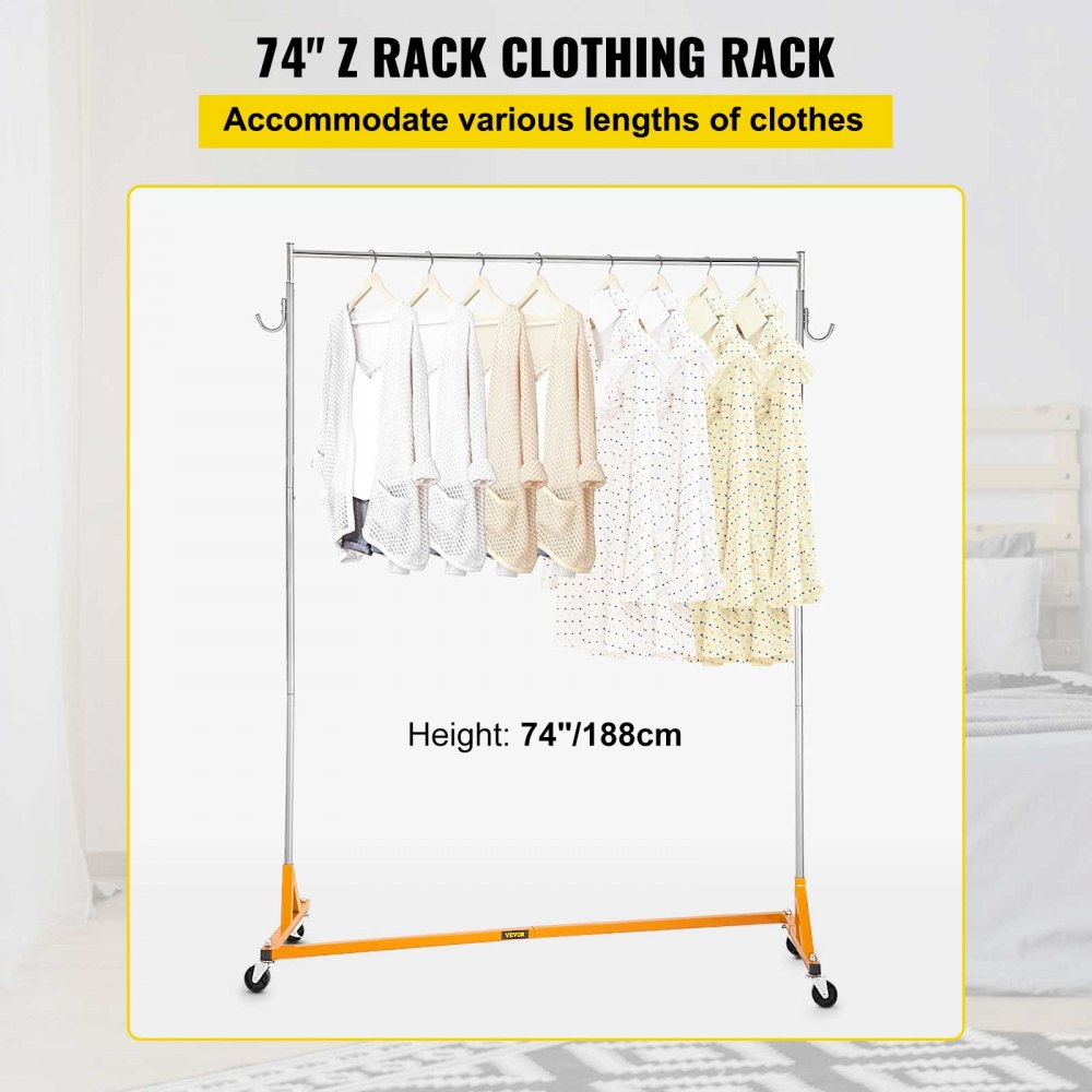 VEVOR Z Rack, Industrial Grade Z Base Garment Rack, Height Adjustable Rolling Z Garment Rack, Sturdy Steel Z Base Clothing Rack with Lockable Casters, for Home Clothing Store Display Orange (3 Sets)